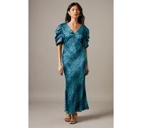 Satin Pleat Volume Sleeve Plunge Bias Midi Dress Warehouse Animal 12