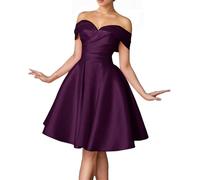 Satin Plum Short Prom Dresses for Teens Pleated Solid Off Shoulder Homecoming Dress Knee Length Formal Gown UK8