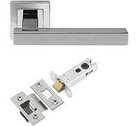 Satin/Polished Stainless Steel Door Handles Lever on Square Rose - Solid Tubular Latch Pack with Hinges - Ironmongery Hardware Online