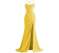 Satin Prom Dresses Cowl Neck Spaghetti Straps Beaded Bridesmaid Gown Mermaid Pleated with Slit Evening Gowns Yellow 3XL