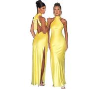 Satin Prom Dresses Halter Tie Backless Bridesmaid Gown Formal Evening Party Dress Long with Slit Yellow S