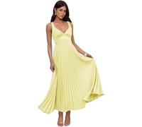 Satin Prom Dresses Spaghetti Straps Pleated Bridesmaid Gown V Neck A Line Wedding Guest Gowns Yellow XS