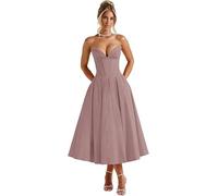 Satin Prom Dresses Strapless A Line Ball Gowns Pleated Corset Formal Gown with Pockets Dusty Rose 9XL