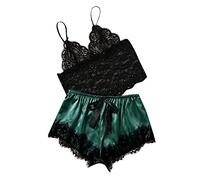 Satin Pyjama Set for Women 2 Piece Silky Lingerie Sleepwear Lace Camisole Pj Shorts Set Soft Nightwear, Exotic1& Army Green,M