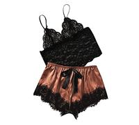 Satin Pyjama Set for Women 2 Piece Silky Lingerie Sleepwear Lace Camisole Pj Shorts Set Soft Nightwear, Exotic1& Bronze,S