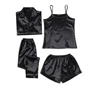 Satin Pyjama Set Women, 4 Piece Silk Pyjama Set Short Sleeve Sleepwear Sets Button Down Nightshirt and Sexy Cami Vest Top Loungewear Soft Loungewear Pjs Bridesmaid Pj Sets for Spring Summer