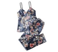 Satin Pyjama Set Women Women's Pijamas Sexy Lingerie Silk Pajamas Set Sleepwear Satin Cami Vest with Trousers Nightwear Pyjama Femme Pijama (Color : 0419C Dark Blue, Size : M)