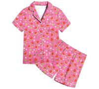 Satin Pyjamas for Kids Girls Button-Down Sleepwear 2 Piece Teen Girls Fruit Print Short Sleeve Satin PJs Sets Soft Lightweight Loungewear Children Homewear Age 2-13 Years (8-9 Years) Hot Pink