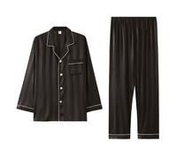 Satin Pyjamas for Men, Classic Long Sleeve Striped Sleepwear Set Made of Faux Silk Satin, Button Down Contrast Piping, Men's Pyjamas, Two-Piece Sleepwear, Loungewear, O Grey, 3XL