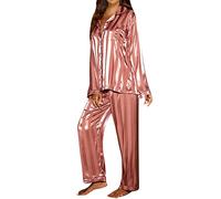 Satin Pyjamas Striped Women's Long with Buttons Silk Pyjamas with Pockets Elastic Waistband Soft Two Piece Sleepwear V-Neck Set Winter Pjs Sets Leisure Suit Sleepwear, O Hot Pink, XL