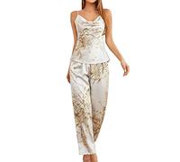 Satin Pyjamas Women's Silk Pyjamas Women's Short and Long Two Piece Pyjama Sets Elegant V-Neck Sleepwear Cami Vest Top Long Trousers Sexy Sleepwear Print Pyjamas Silk Pyjamas, gray, S