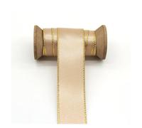 Satin Ribbon Gold Silver Edge Double Face Satin Ribbons Solid Color Fabric Wrapping for DIY Accessories Decorative Sewing Needleworks(Tan G,38mm)