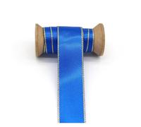Satin Ribbon Gold Silver Edge Double Face Satin Ribbons Solid Color Fabric Wrapping for DIY Accessories Decorative Sewing Needleworks(Electric Blue G,38mm)