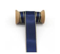 Satin Ribbon Gold Silver Edge Double Face Satin Ribbons Solid Color Fabric Wrapping for DIY Accessories Decorative Sewing Needleworks(Navy G,38mm)