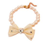 Satin Ribbon Pet Collar High-end Faux Pearl Necklace with Bow Design for Dogs Cats Elegant Rhinestone Embellished Accessory Formal Occasions Beige L