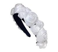 Satin Rose Flower Headband Fabric Floral Hairband Wide Ribbon Flower Hair Band Elegant Hair Hoop Romantic Hair Accessories for Women Girls White