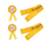 Satin Sash Badge Set for Baby Shower Party Bee Theme Parents | 2 Sets, 4 Pieces Total, Yellow Ribbon Letter Print, for Expectant Moms and Dads