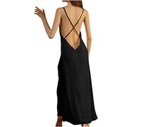 Satin Sexy Nightdress for Women French Nightwear Sleeveless Lace Patchwork Maxi Dress Loungewear Backless Deep V Neck Sleepwear Nightgown Solid Bodydoll Lingerie Dress Bridal Pjs Black S
