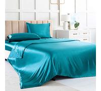 Satin Sheets Full Size Sheet Set, Teal Silk Sheets, 4 Piece Soft Bedding Set with 1 Deep Pocket, 1 Flat Sheet, 2 Pillow Cases