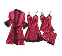 Satin Short Pyjamas for Women Short Pjs for Women Sets 4 Piece Silk Pyjamas Uk Matching Tie Front Robe Satin Slip Nightdress Solid Cami Tops Shorts Nightwear Pjs Set Sexy Lace Trim Sleepwear Red L