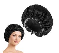 Satin Shower Cap Adjustable for Curly Hair - Waterproof Black Bonnet with Drawstring for Braids & Natural Hair - Reusable Smooth Double Layer Bath Cap for Men Women Long Thick Comfortable Fit