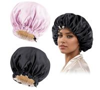 Satin Silk Bonnet for Curly Hair Bonnet Braid Bonnet for Sleeping Bonnets for Women Large Double-Layer Adjustable(Black&Pink)
