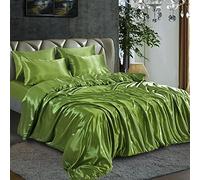Satin Silk Duvet Cover Sets - 4 PCS - Quilt Cover Bedding Set With Fitted Sheet + 2 Pillow Cases, Olive Green - Single