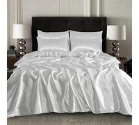 Satin Silk Duvet Cover Sets - 4 PCS - Quilt Cover Bedding Set With Fitted Sheet + 2 Pillow Cases, White - Single