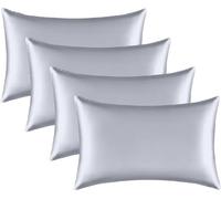 Satin Silk Pillowcase for Hair and Skin, Black Pillow Cases Standard Size Set of 4 Pack Super Soft Pillow Case with Zipper Closure (Silver, Standard(4 Pack))