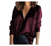 Satin Silk Shirts Women Elegant Soft Long Sleeve Tops And Blouses Office Ladies -Burgundy-M