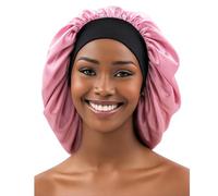 Satin Silk Sleep Bonnet, Large Pink, Wide Soft Band, Single Layer for Natural Hair, Braids and Locs