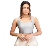 Satin Silk Solid Saree Blouse Top Round Neck Sleeveless Hook and Eye Closure Backless Choli Sari Grey