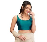 Satin Silk Solid Saree Blouse Top Round Neck Sleeveless Hook and Eye Closure Backless Choli Sari Teal