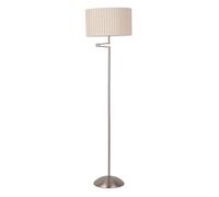 Satin Silver Swing Arm Floor Lamp with Cream Box Pleat Shade, Adjustable Reading Light 155cm Tall, Modern Standing Lamp with Foot Switch