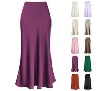 Satin Skirt for Women Ladies Midi Maxi Full Length Winter Autumn A-Line Swing Pull On Satin Skirt Solid Color Sexy Wrap Skirt Silky Bodycon Midi Skirt Wedding Party Evening Club Satin Maxi (Beige, M)