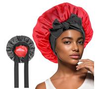 Satin Sleep Bonnets for Women, Reversible Silk Bonnet for Sleeping Double Layer Satin Night Sleep Cap Hair Bonnet with Tie Band for Curly Hair Braid (Black/Red)