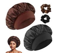 Satin Sleep Cap, 2 Pack Night Head Cover for Women, Soft Comfortable Night Sleep Bonnet Breathable Sleeping Hair Bonnet Cap for Long Curly Hair (Black+Coffee Brown)