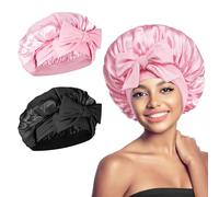 Satin Sleep Cap, 2PCS Satin Head Cover, Sleep Cap Satin Hair Cap, Silk Sleep Cap, Extra Large Sleep Satin Bonnet, Adjustable Satin Bonnet Silk Bonnet for Long, Short and Curly Hairs(Black and Pink)