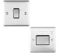 Satin Steel Bathroom Switch Set - 1X Light & 1X 6A Extractor Fan Isolator Switch