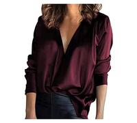 Satin Top Women Elegant Silk Blouse Long Sleeve V-Neck Tops Business Shirts Tunic Blouse with Buttons Long Sleeve Shirt Plain Chiffon Blouse Long Sleeve Shirts Satin Blouses, Wine Red, Medium