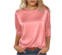 Satin Tops for Women Elegant Going Out Tops Crew Neck 3/4 Sleeve Silk Blouse Ladies Tshirts Shiny Baggy Fashion Tunic Top Casaul Loose Party Business Blouse for Ladies Work Office Evening Tops Pink