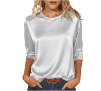 Satin Tops for Women Elegant Going Out Tops Crew Neck 3/4 Sleeve Silk Blouse Ladies Tshirts Shiny Baggy Fashion Tunic Top Casaul Loose Party Business Blouse for Ladies Work Office Evening Tops White