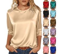 Satin Tops for Women Elegant Going out Tops Crew Neck 3/4 Sleeve Silk Blouse Ladies Tshirts Shiny Baggy Fashion Tunic Top Casaul Loose Party Business Blouse for Ladies Work Office Evening Tops