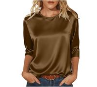 Satin Tops for Women Elegant Going Out Tops Crew Neck 3/4 Sleeve Silk Blouse Ladies Tshirts Shiny Baggy Fashion Tunic Top Casaul Loose Party Business Blouse for Ladies Work Office Evening Tops Coffee