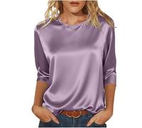 Satin Tops for Women Elegant Going Out Tops Crew Neck 3/4 Sleeve Silk Blouse Ladies Tshirts Shiny Baggy Fashion Tunic Top Casaul Loose Party Business Blouse for Ladies Work Office Evening Tops Purple
