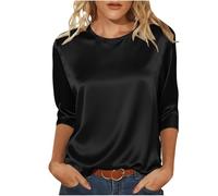 Satin Tops for Women Elegant Going Out Tops Crew Neck 3/4 Sleeve Silk Blouse Ladies Tshirts Shiny Baggy Fashion Tunic Top Casaul Loose Party Business Blouse for Ladies Work Office Evening Tops Black