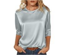 Satin Tops for Women Elegant Going Out Tops Crew Neck 3/4 Sleeve Silk Blouse Ladies Tshirts Shiny Baggy Fashion Tunic Top Casaul Loose Party Business Blouse for Ladies Work Office Evening Tops