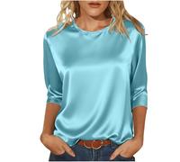 Satin Tops for Women Elegant Going out Tops Crew Neck 3/4 Sleeve Silk Blouse Ladies Tshirts Shiny Baggy Fashion Tunic Top Casaul Loose Party Business Blouse for Ladies Work Office Evening Tops