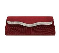 Satin Wavy Crystal Evening Clutch Bag Wedding Bridal Prom Handbag Chain (Wine red)