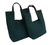 Satin Woven Tote Bag for Women Hollow Out Handbag Large Summer Purse Retro Handmade Bag with Leather Shoulder Strap, Dark Green, Small